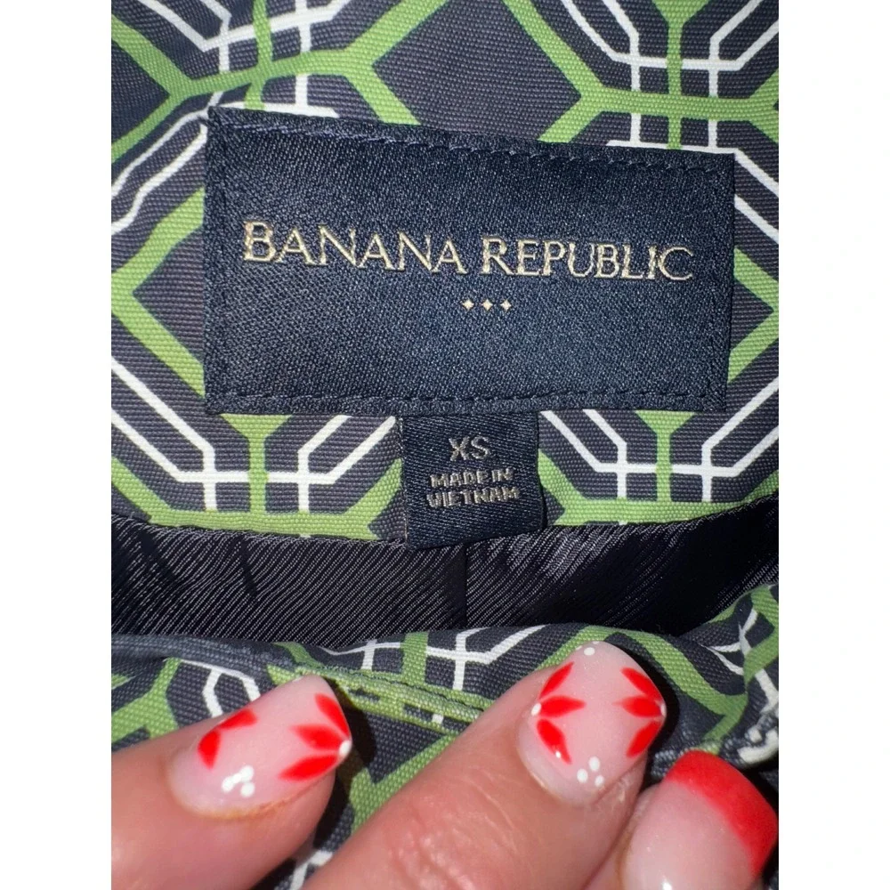 Banana Republic Trench Coat Women Green Navy Geometric Print XS